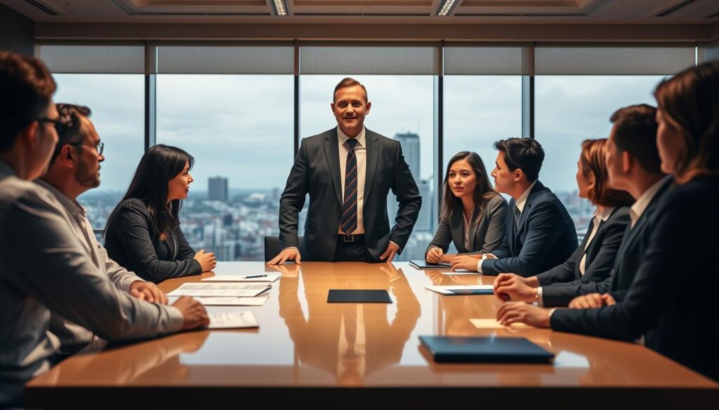 A team of professionals gathered around a conference table, engaged in a dynamic discussion. The general manager stands at the head, their expression one of thoughtful leadership. Warm lighting casts a glow over the scene, highlighting the collaborative atmosphere. In the background, a panoramic window offers a glimpse of the cityscape, symbolizing the broader organizational context. The carefully curated details convey the general manager's pivotal role in guiding the team and shaping the strategic direction of the company.