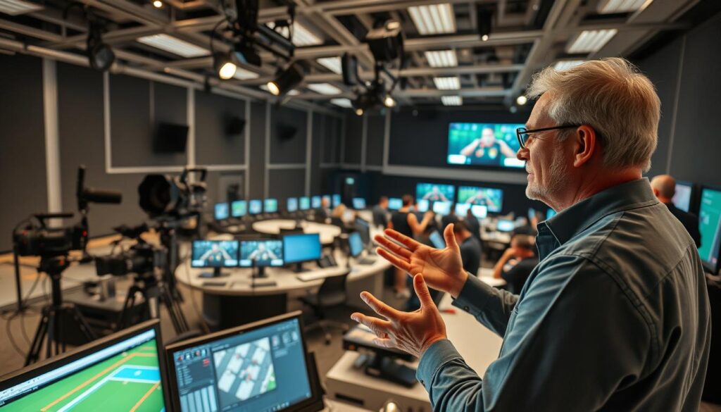 A technical director overseeing a high-tech sports production studio, surrounded by a mix of modern equipment and technical staff. In the foreground, the director gestures while reviewing footage on a large display, their face illuminated by the warm glow of the screen. The middle ground features a bank of professional cameras, lighting rigs, and computer workstations, all precisely arranged. In the background, a panoramic view of the studio space reveals the scale and complexity of the setup, with cables, monitors, and other specialized gear creating a sense of immersion in the technical world of sports media production.