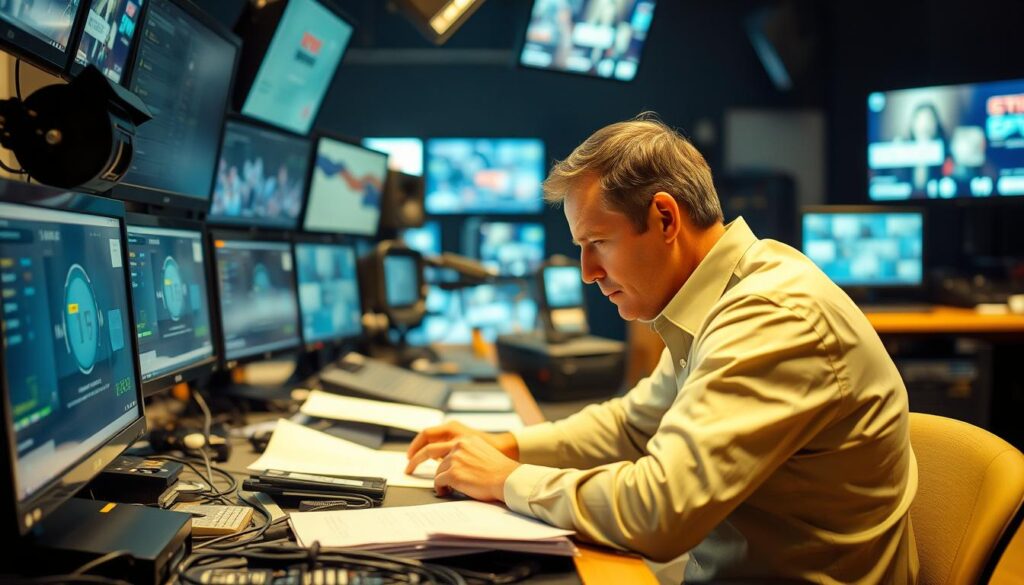 A technical director sitting at a desk, surrounded by a variety of monitors, computers, and production equipment. The desk is cluttered with cables, notes, and technical manuals. The director is intently focused, their brow furrowed in concentration as they make adjustments to the equipment. The lighting is a warm, professional tone, creating a sense of intensity and purpose. The background is blurred, highlighting the director's work area. The overall scene conveys the technical complexity and high-pressure nature of the technical director's role in the television industry.