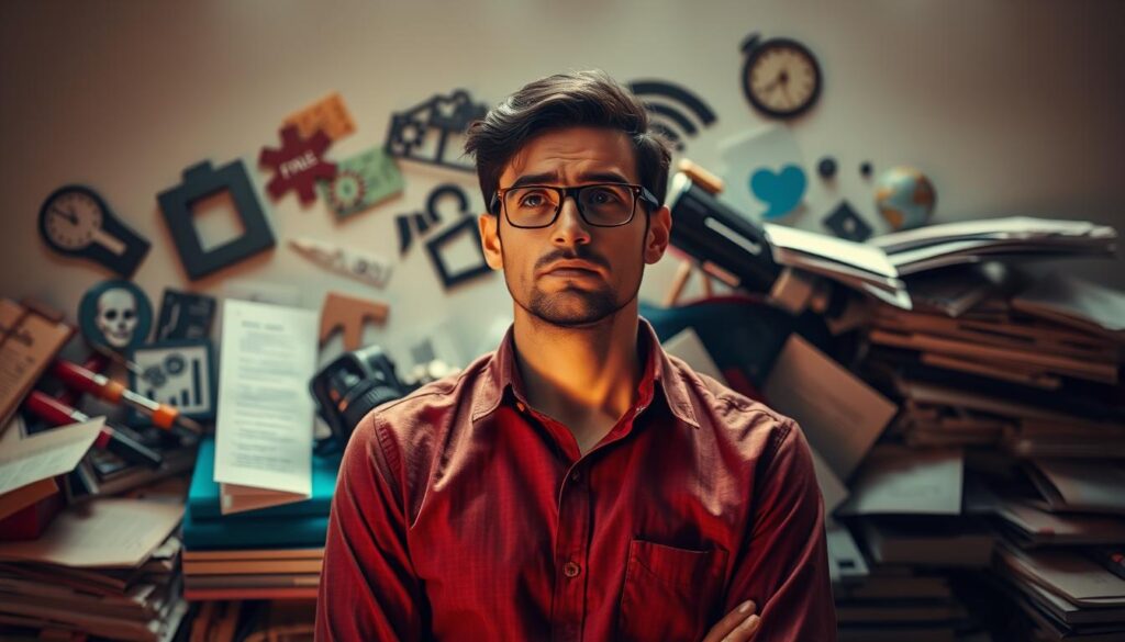 A thoughtful 30-something standing amidst a jumble of career icons and documents, their expression conveying a mix of uncertainty and determination. The scene is bathed in a warm, introspective light, casting a subtle glow on the figure's face as they contemplate their next professional move. The background is softly blurred, allowing the viewer to focus on the subject's introspective pose and the psychological preparation they are undertaking. The composition is balanced, with the central figure occupying a prominent position, surrounded by the tools and symbols of career transition. The overall mood is one of contemplation and inner growth, capturing the essence of the "30代転職のための心理的準備" subject.