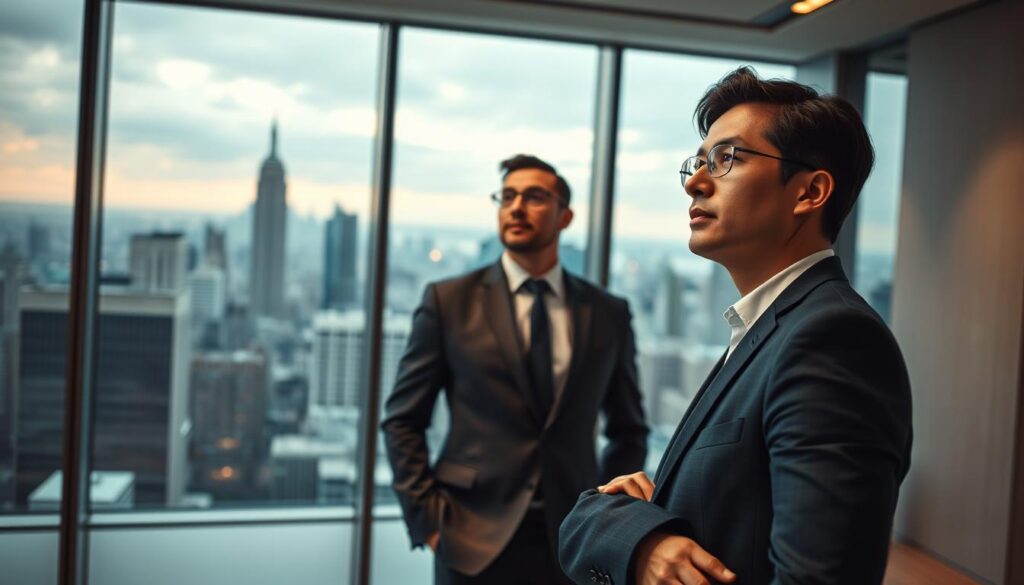 A thoughtful and ambitious career transition plan taking shape in a dynamic, forward-looking manner. In the foreground, a confident professional in business attire stands gazing ahead, their expression resolute. Behind them, a sleek, ultramodern office environment with large windows offering a panoramic view of a bustling city skyline. Muted yet warm lighting casts a sense of purpose and momentum. The overall atmosphere conveys a journey of growth, opportunity, and the determination to shape one's future path. Realistic yet imaginative, the scene encapsulates the anticipation and possibilities of a new career chapter.