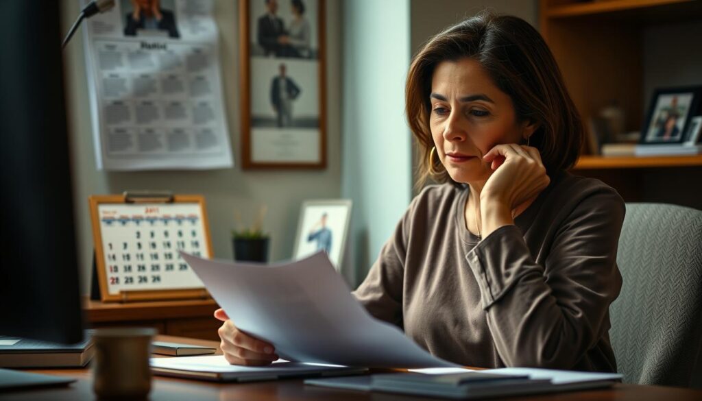 A thoughtful and caring woman sitting at her desk, reviewing documents and making notes. The lighting is soft and warm, creating a serene and reflective atmosphere. In the background, a calendar and personal mementos hint at the transition from one chapter to the next. The woman's expression conveys a sense of closure and anticipation, as she prepares to follow up on her professional obligations and personal connections after leaving her previous role. The overall scene evokes a sense of mindfulness, responsibility, and a measured approach to the next phase of her journey.