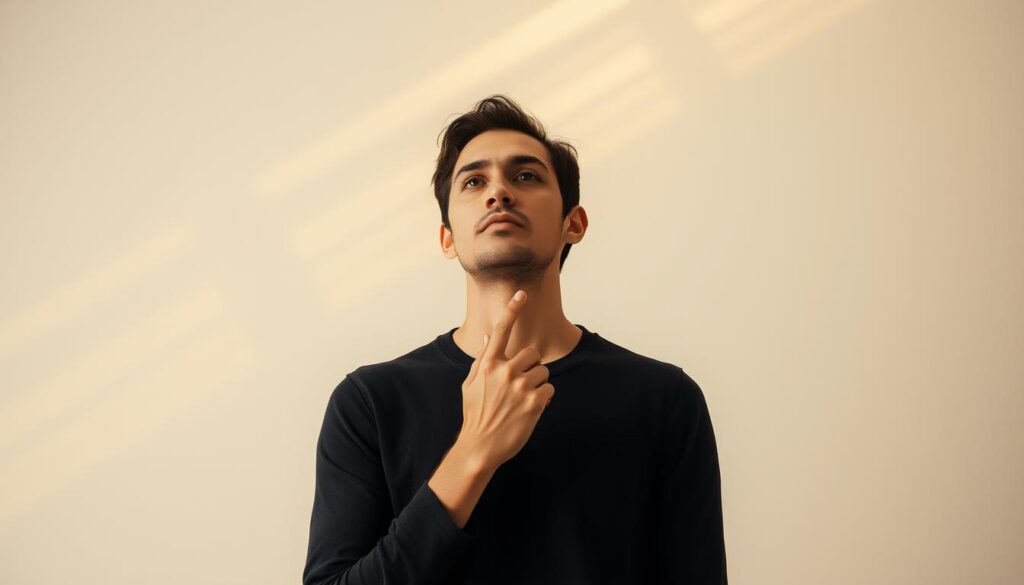 A thoughtful and determined individual stands in a serene, minimalist setting. Rays of warm, soft light gently illuminate their face, symbolizing an introspective, transformative mindset. The background is a soothing, muted palette, allowing the subject's presence to take center stage. The pose conveys a sense of focused contemplation, suggesting the journey of self-discovery and the willingness to reevaluate one's relationship with work. The overall atmosphere evokes a profound, introspective mood, encouraging the viewer to consider their own motivations and perspectives.
