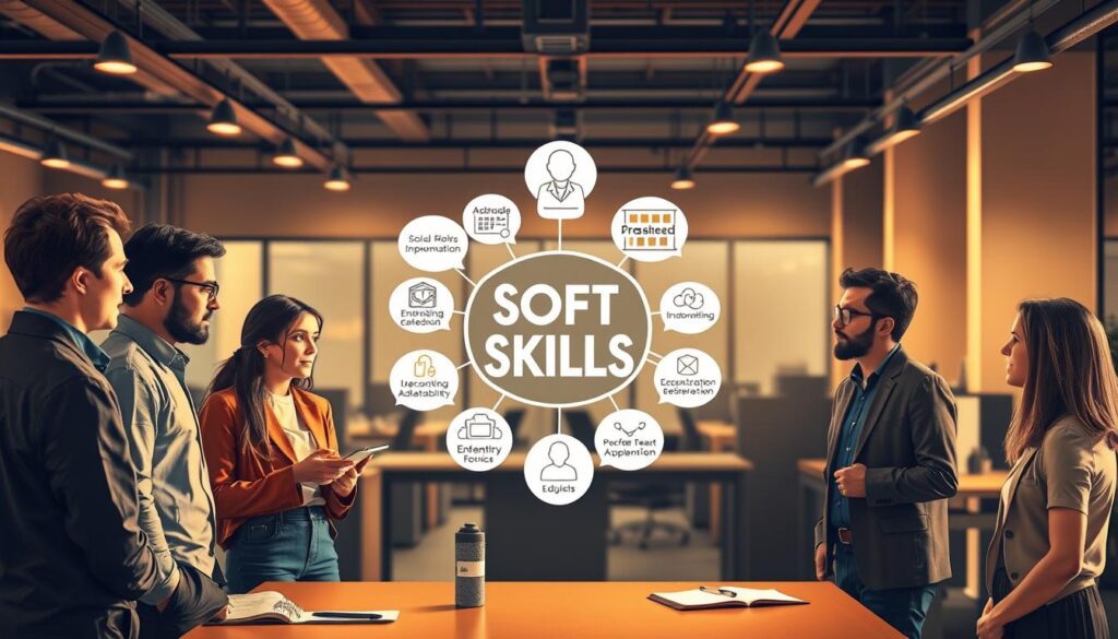 A thoughtful and dynamic illustration of the importance of soft skills. In the foreground, a group of diverse professionals engage in meaningful dialogue, their body language and facial expressions conveying a sense of collaboration and problem-solving. The middle ground features a visual representation of essential soft skills such as communication, empathy, and adaptability, rendered in a stylized, abstract manner. The background showcases a sleek, modern workspace, reflecting the contemporary industrial design setting. Warm, directional lighting casts subtle shadows, creating depth and a sense of professionalism. The overall tone is one of productivity, innovation, and the recognition that soft skills are crucial for success in the design industry.