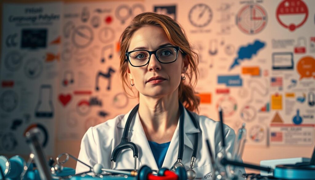 A thoughtful and focused professional, a certified speech-language pathologist stands amid their specialized domain. Delicate instruments and diagnostic tools occupy the foreground, hinting at the intricate work they perform. The background showcases the diverse array of communication disorders they address, from speech impediments to language processing challenges. Warm, diffused lighting illuminates the scene, conveying the care and expertise they bring to their practice. A sense of depth and perspective guides the viewer's eye, highlighting the depth of knowledge and specialized skills of this esteemed healthcare professional.