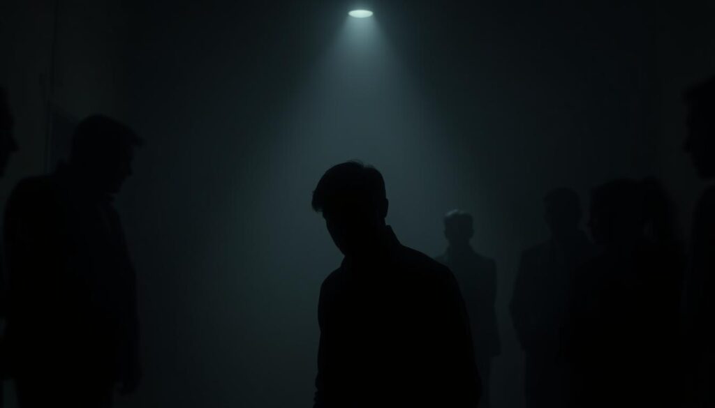 A thoughtful and reserved society peers down upon a lone figure, their face obscured, standing amidst a dimly lit, introspective setting. Soft shadows cast a somber tone, as the subject wrestles with the perceived social stigma of a "boomerang" career move. The atmosphere is one of hesitation and self-reflection, the individual contemplating the weight of societal expectations. Muted tones and a sense of isolation pervade the scene, inviting the viewer to consider the complex emotions and nuanced perspectives surrounding the return to a previous employer.