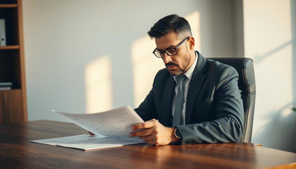 A thoughtful businessman sits at a wooden desk, his face reflecting deep concentration as he ponders a complex diagram. Soft, warm lighting illuminates the scene, casting gentle shadows that accentuate the logical flow of the visual elements. The background is a minimalist, serene office space, allowing the subject to remain the focal point. Textures of the wood, leather, and paper create a tactile, grounded atmosphere, reinforcing the importance of systematic, analytical thinking. The overall composition conveys the gravity and precision of logical reasoning, a crucial skill for any aspiring business consultant.