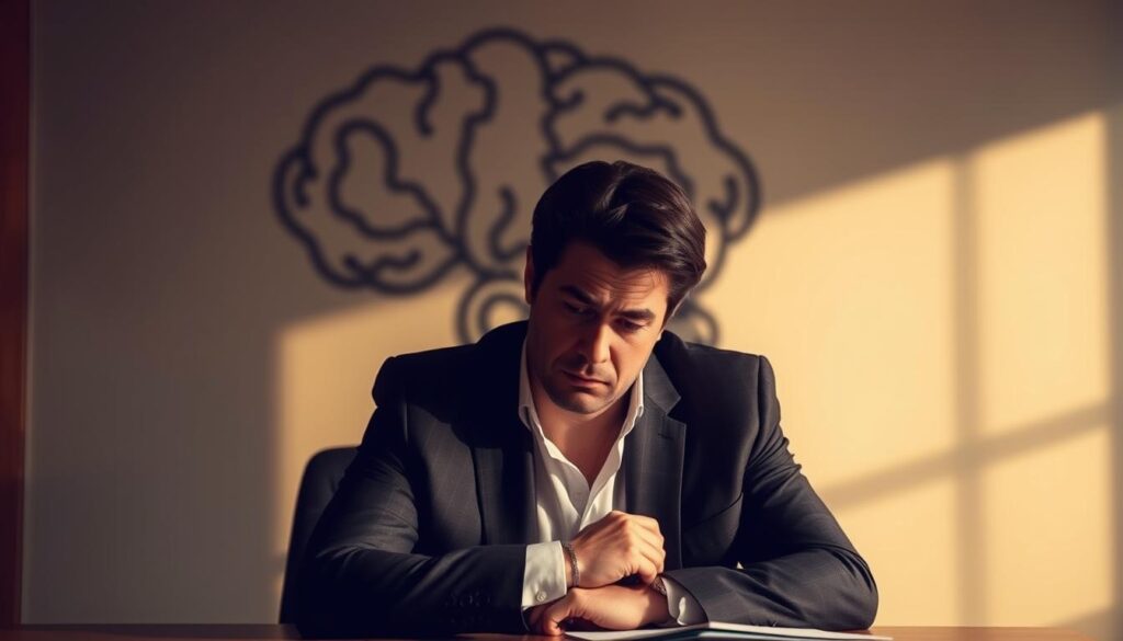 A thoughtful businessperson sits at a desk, their expression weary yet determined. The lighting is warm and inviting, casting soft shadows that emphasize the gravity of the moment. In the background, a muted, abstract representation of the challenges of a career transition looms, symbolizing the mental strain and uncertainty inherent in such a journey. The composition is balanced, with the figure occupying the central focus, surrounded by visual cues that convey the need for self-care and resilience during this pivotal time. The overall mood is one of contemplation and perseverance, reflecting the nuanced experiences encountered during a career change.