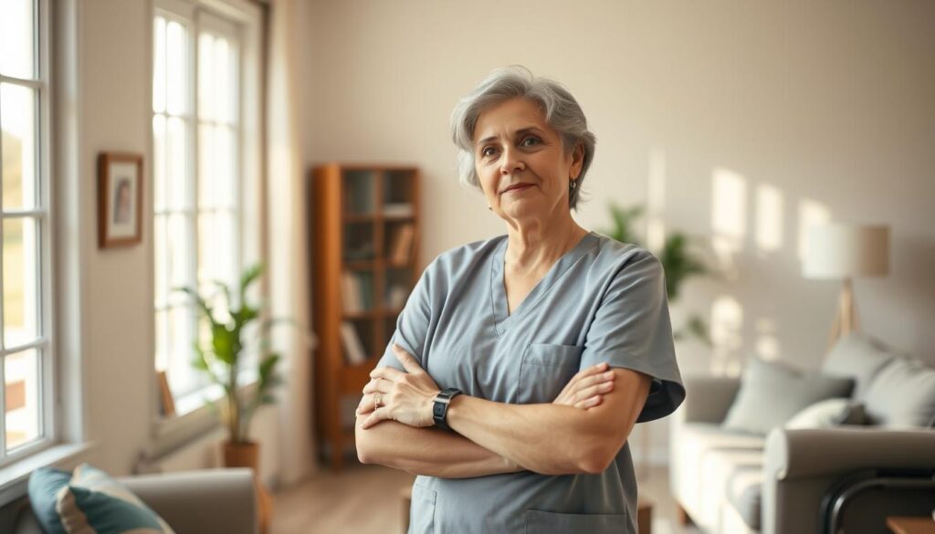 A thoughtful, caring home health aide standing confidently in a warm, inviting residential setting. Soft, natural lighting streams through large windows, casting a gentle glow. The aide's compassionate expression and attentive posture convey a deep commitment to supporting the elderly or disabled client's independence and well-being. The orderly, comfortable room suggests a nurturing, professional environment where the aide's expertise and empathy can create positive change. Subtle details like personal mementos or assistive devices hint at the scope of the aide's responsibilities and the meaningful impact of their work. An image that captures the fulfilling nature of this in-demand career path and the promising future of the home healthcare industry.