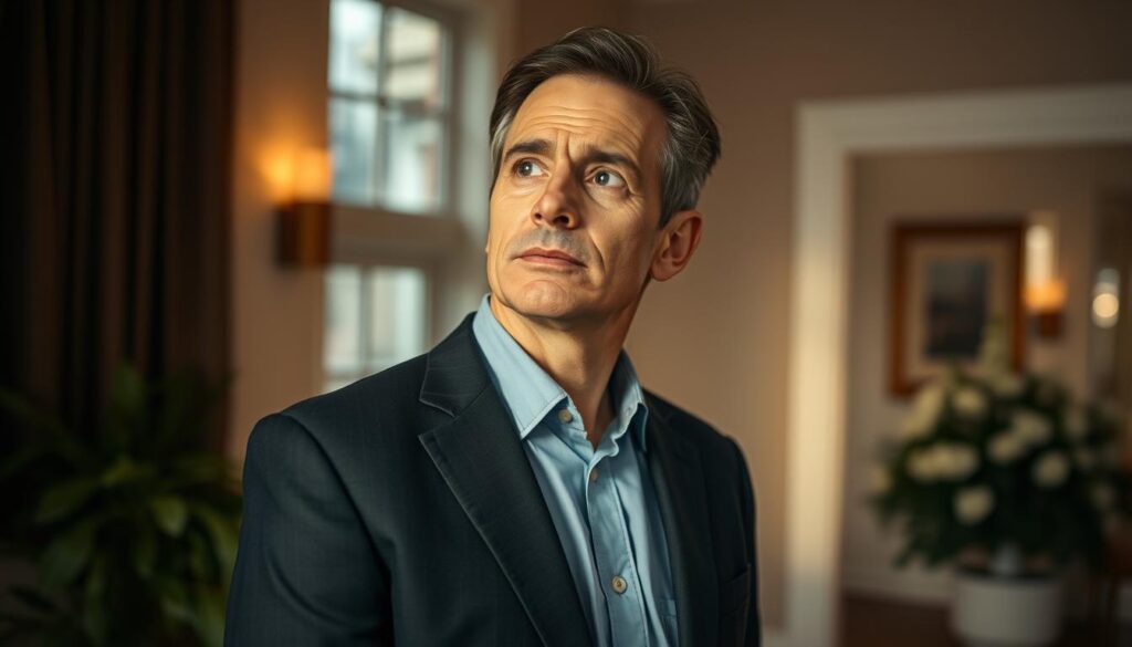 A thoughtful, compassionate person standing in a serene funeral home, dressed in a respectful dark suit. The lighting is soft and warm, casting a contemplative mood. Their gaze is focused and attentive, conveying empathy and a deep understanding of the grieving process. The background is subtly blurred, drawing the viewer's attention to the central figure, who embodies the qualities essential for a skilled and caring funeral director.
