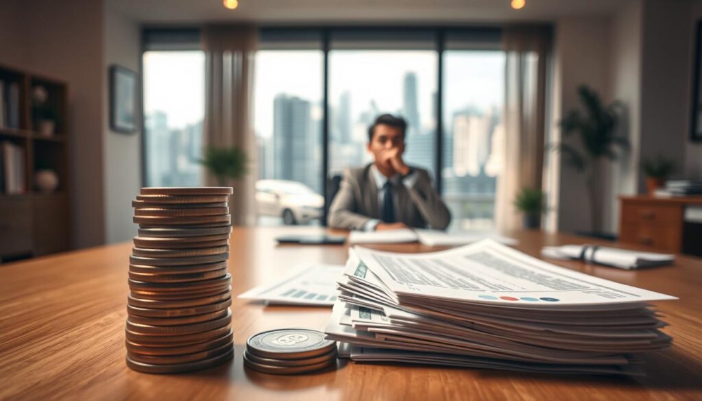 A thoughtful consideration of financial factors during a career transition. In the foreground, carefully stacked coins, bills, and financial documents represent the tangible fiscal elements to weigh. In the middle ground, a person ponders their next steps, hands resting on a desk amid a serene, uncluttered office setting with warm, soft lighting. In the background, a window offers a vista of a bustling cityscape, symbolizing the broader context and opportunities beyond the immediate financial concerns. The overall mood is one of careful deliberation and measured optimism, as the individual navigates this important phase with financial prudence and a clear vision for the future.