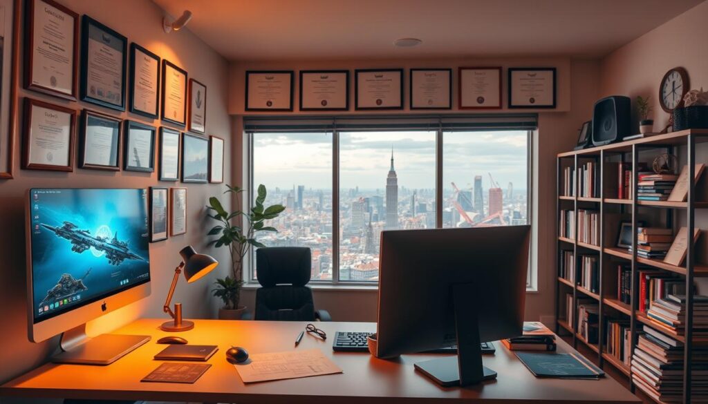 A thoughtful game designer's workspace, with various industry-relevant certificates and diplomas displayed prominently on the walls. The room is bathed in warm, focused lighting, casting a contemplative atmosphere. In the foreground, a sleek, minimalist desk holds a cutting-edge gaming computer, surrounded by neatly organized design tools and sketches. The middle ground features bookshelves filled with game development literature, while the background showcases a panoramic view of a vibrant, futuristic cityscape through large windows, hinting at the designer's creative inspirations. The overall scene conveys the dedication, expertise, and passion required to excel as a skilled game designer.