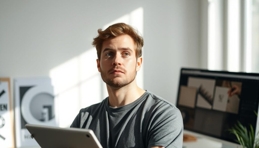 A thoughtful graphic designer standing in a sunlit, minimalist studio, surrounded by a few carefully curated design tools - a sketchpad, a tablet, and a sleek computer monitor. The designer's gaze is focused, brimming with creative inspiration and an eye for detail. The lighting is soft, illuminating the designer's face and accentuating their artistic sensibilities. The overall atmosphere is one of quiet contemplation and an innate understanding of the principles of design - balance, harmony, and a keen eye for aesthetics. The background is slightly blurred, allowing the viewer to concentrate on the designer's pensive expression and the tools of their craft.