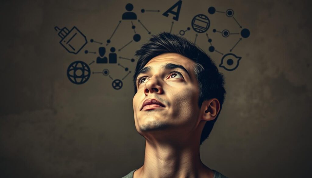A thoughtful, introspective individual gazing inwardly with a focused expression, surrounded by a swirling vortex of abstract shapes and symbols representing the process of self-analysis. Soft, warm lighting illuminates the subject, creating a sense of depth and dimension. The background is a muted, textured palette, allowing the central figure to stand out prominently. The overall mood is one of contemplation, self-discovery, and the importance of understanding oneself in order to make informed decisions about one's career and life path.