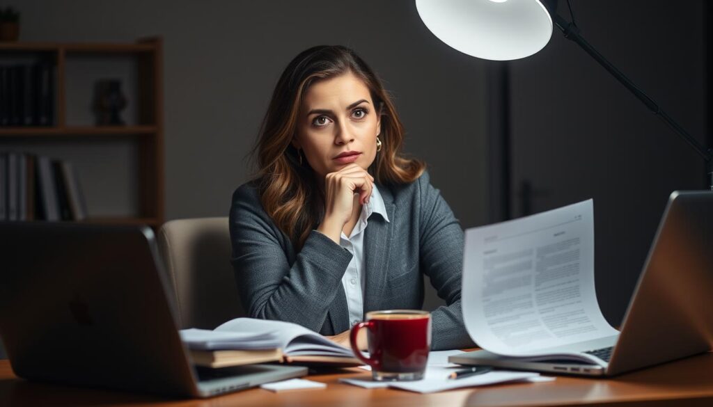A thoughtful, introspective woman sits at a desk, surrounded by a variety of helpful resources - books, documents, a laptop, and a warm cup of tea. The lighting is soft and ambient, creating a contemplative mood. The composition emphasizes the woman's focused expression as she considers her career options, with the materials on the desk providing a sense of guidance and support. The background is blurred, keeping the attention on the woman and the tools at hand. A sense of calm deliberation pervades the scene, suggesting the image will be useful for an article on navigating the challenging decision of whether to change jobs.