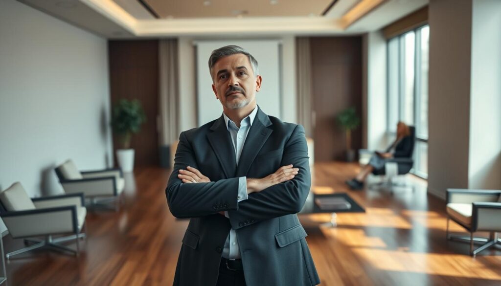 A thoughtful leader stands confidently in a well-lit conference room, arms crossed, brow furrowed in contemplation. The room's elegant decor - hardwood floors, sleek furniture, and floor-to-ceiling windows - creates an atmosphere of professionalism and authority. Soft, directional lighting casts subtle shadows, emphasizing the leader's presence and commanding body language. The leader's expression conveys a sense of decisive problem-solving, as if considering strategies to guide a team towards success. This image captures the essence of leadership: an individual who inspires confidence, makes tough choices, and leads by example.
