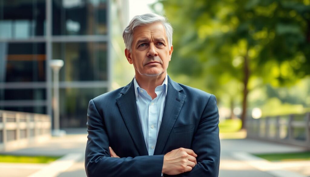 A thoughtful, middle-aged professional stands at a crossroads, contemplating their next career move. Soft, natural lighting illuminates their face, conveying a pensive yet resolute expression. The background is a blend of blurred corporate architecture and lush greenery, symbolizing the balance between pragmatism and personal growth. The composition emphasizes the subject's central position, conveying the gravity of the decision they face. The overall mood is one of introspection and determination, setting the stage for the challenges and opportunities of a 30s-era job transition.