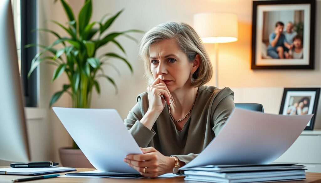 A thoughtful middle-aged woman, deep in contemplation, sits at her desk, carefully balancing work files and a cup of coffee. The warm lighting from a nearby window casts a soft glow, highlighting her focused expression as she considers her next career move. In the background, a vibrant potted plant and a framed family photo suggest a desire for work-life harmony. The scene conveys a sense of quiet determination and the challenges faced by women navigating the midlife transition.