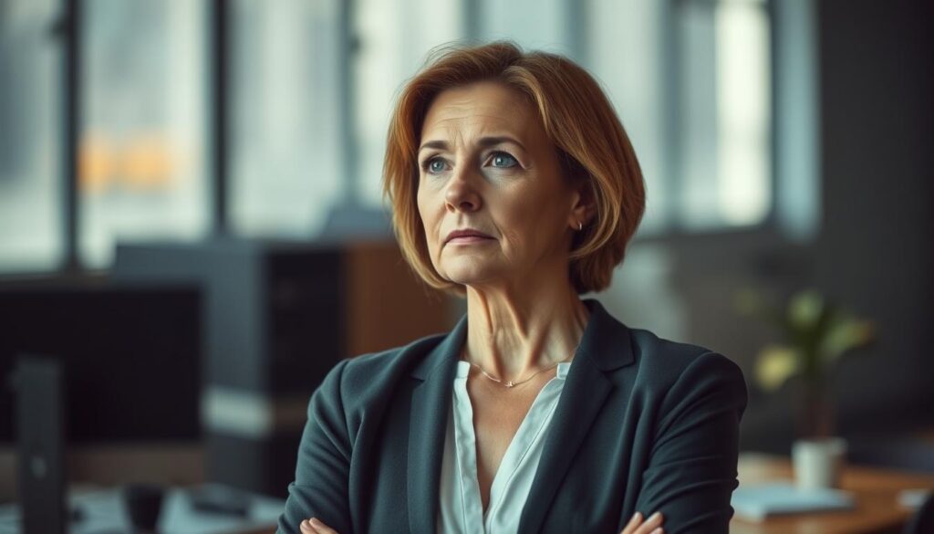 A thoughtful middle-aged woman stands at a career crossroads, contemplating her next move. Soft natural lighting illuminates her face, conveying a sense of introspection. The background blurs, with muted office elements hinting at the corporate world she may soon depart. Her body language is poised, yet her expression reflects the weight of her decision - a mix of determination and trepidation. This image captures the caution and considerations a 40-something female professional must navigate when embarking on a new professional path.