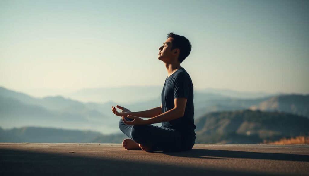 A thoughtful self-analysis of one's motivations and desires, set against a serene, contemplative backdrop. The scene depicts a person sitting cross-legged in a meditative pose, their face in profile, eyes closed, and a subtle expression of introspection. The lighting is soft and diffused, creating a warm, introspective atmosphere. The background features a minimalist landscape of rolling hills or mountains, with a muted color palette of blues, greens, and earthy tones, evoking a sense of inner tranquility and self-reflection. The composition should strike a balance between the individual's focused introspection and the expansive, calming natural setting that frames their journey of self-discovery.