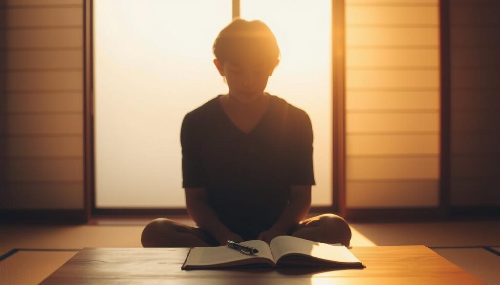 A thoughtful self-reflection against a serene backdrop. A person sits in a contemplative pose, their face obscured, lost in deep introspection. The scene is bathed in warm, golden light, creating a sense of tranquility and personal growth. In the middle ground, a simple table holds an open journal and pen, symbolizing the importance of self-analysis. The background features a minimalist Japanese-inspired interior, with clean lines and natural materials conveying a zen-like atmosphere. The overall mood is one of quiet focus and personal discovery.