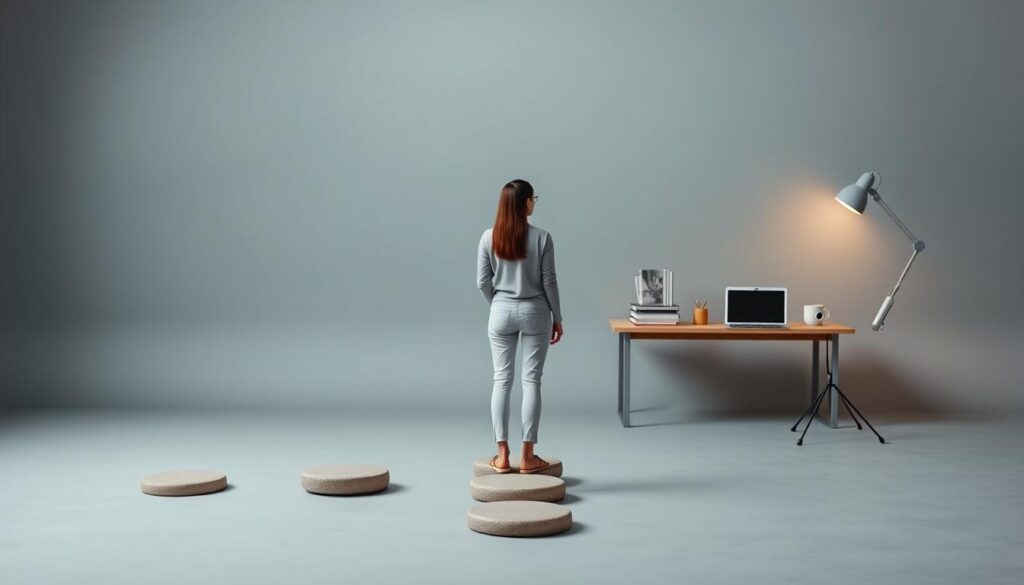 A thoughtful, step-by-step process of career transition unfolds against a serene, minimalist backdrop. In the foreground, a person in a contemplative pose stands before a series of stepping stones, each representing a key preparatory stage - skills assessment, resume crafting, networking, interview practice. The mid-ground features a clean, well-organized workspace with a laptop, books, and other tools, hinting at the diligent research and planning involved. The background is a muted, calming palette of muted grays and blues, conveying a sense of focus and clarity. Soft, indirect lighting casts a warm, reflective glow, evoking the careful consideration and introspection integral to a successful career change.