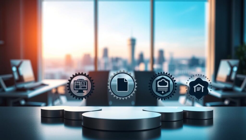 A thoughtful, well-organized composition showcasing the recommended certifications for IT professionals. In the foreground, a clean, minimalist display of five certification badges, each with a distinct symbol or icon representing fields like cybersecurity, cloud computing, and software development. In the middle ground, a serene, softly blurred backdrop of a modern office setting, with sleek desktops and a large window overlooking a cityscape. The lighting is warm and directional, creating a sense of focus and professionalism. The overall mood is one of expertise, achievement, and the pursuit of continuous learning in the dynamic field of information technology.