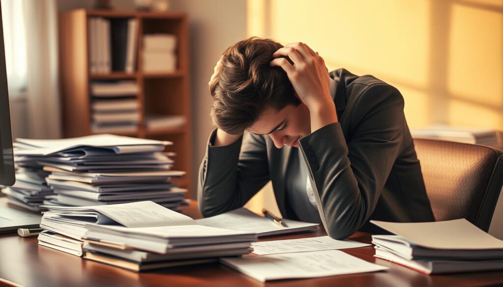 A thoughtful young professional, weighed down by the stress of job searching, sits at their desk, head in hands. The room is bathed in a warm, golden light, creating a contemplative atmosphere. Stacks of resumes and scattered notes suggest the intensity of their efforts. Yet their posture conveys a sense of defeat, as if the weight of the process has become overwhelming. The background is softly blurred, allowing the subject to take center stage and embody the emotional toll of "転職活動メンタルやられる." The image aims to capture the inner turmoil and the need for self-care during such a challenging transition.