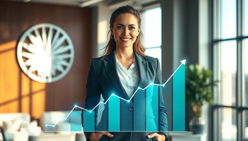 A thriving business woman in a smart, tailored suit stands confidently in a modern office setting, sunlight streaming through the windows and illuminating her determined expression. Behind her, a large corporate logo on the wall symbolizes her ambitious career path. In the foreground, a holographic display shows an upward-trending financial graph, representing her successful climb up the corporate ladder. The scene conveys a sense of accomplishment, prosperity, and the empowering potential of career advancement.