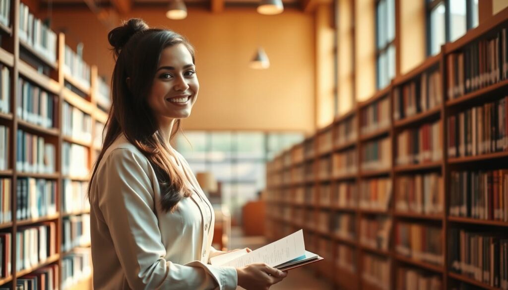 A thriving library, bathed in warm, natural light filtering through large windows. In the foreground, a poised librarian assists a patron, their exchange marked by a warm smile and an attentive posture. The background reveals rows of meticulously organized bookshelves, inviting readers to explore the wealth of knowledge within. The scene emanates a sense of professionalism, expertise, and a genuine passion for serving the community. The librarian's confident demeanor and the library's welcoming atmosphere convey the rewarding nature of this esteemed profession.