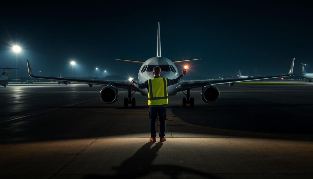 A tightly packed apron of airport tarmac, the harsh glare of runway lights cutting through the night. A lone aircraft marshaler, clad in a high-visibility vest, guides the hulking jet with precise, sweeping motions of their illuminated wands, orchestrating the delicate dance of a million-pound machine. The pilot's view, obscured by darkness, relies solely on the marshaler's signals to navigate the treacherous terrain, every movement charged with responsibility and focus. Shadows stretch long across the pavement, the low rumble of engines underscoring the intensity of the moment. This is the marshaler's domain, where a single misstep could have devastating consequences, demanding unwavering concentration and nerves of steel.
