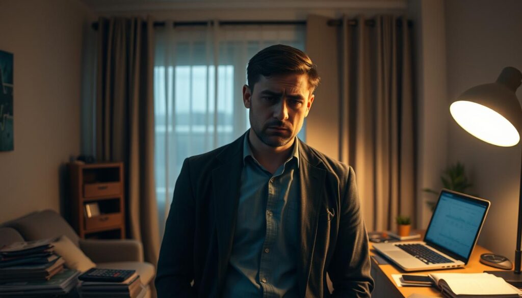 A tired, worried-looking professional standing in a dimly lit room, surrounded by stacks of bills, laptop, and a calculator. Soft, warm lighting illuminates their pensive expression, capturing the mental and financial strain of an ongoing job search. The scene conveys a sense of uncertainty and the burden of employment transition, inviting the viewer to empathize with the challenges faced during this period.