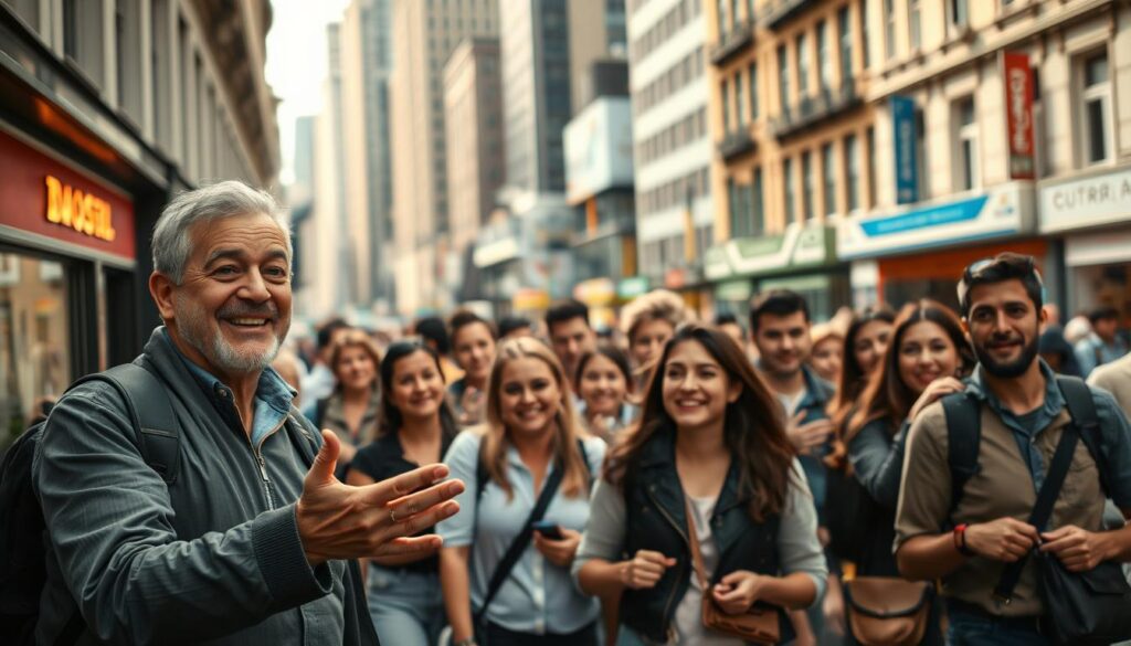 A tour conductor guiding a diverse group of tourists through a bustling city street, capturing their excitement and wonder. The conductor stands in the foreground, gesturing animatedly, their face alight with a warm, engaging expression. In the middle ground, the tourists follow closely, their expressions ranging from curiosity to fascination. The background depicts the vibrant city, with towering buildings, colorful storefronts, and a lively pedestrian flow. The scene is illuminated by soft, natural lighting, creating a sense of warmth and authenticity. The overall composition conveys the tour conductor's passion for their work, the joy of discovery, and the unique energy of the tour experience.