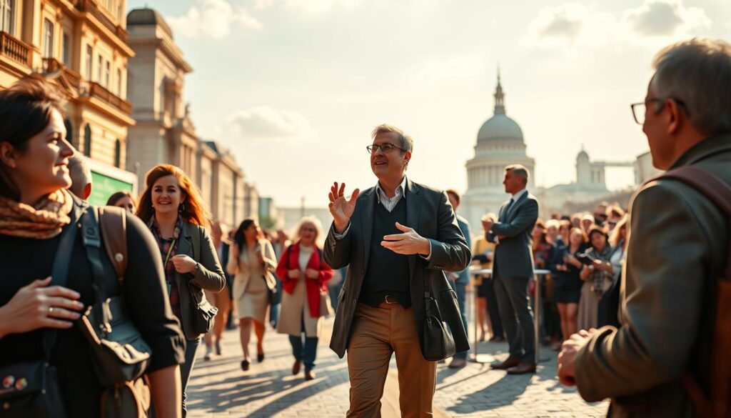 A tour guide's career path: a detailed, cinematic scene depicting a tour conductor navigating various stages of their profession. In the foreground, a guide leading a group of tourists through a vibrant city, their faces alight with wonder. In the middle ground, the same guide standing at a podium, passionately addressing a crowd, their gestures animated. In the background, a timeline of career progression - from entry-level tour assistant to seasoned director, each role represented by a distinct figure. Warm, golden lighting illuminates the scene, creating a sense of professional accomplishment and fulfillment. The composition conveys the multifaceted nature of a tour conductor's career, from hands-on engagement with visitors to strategic leadership roles.