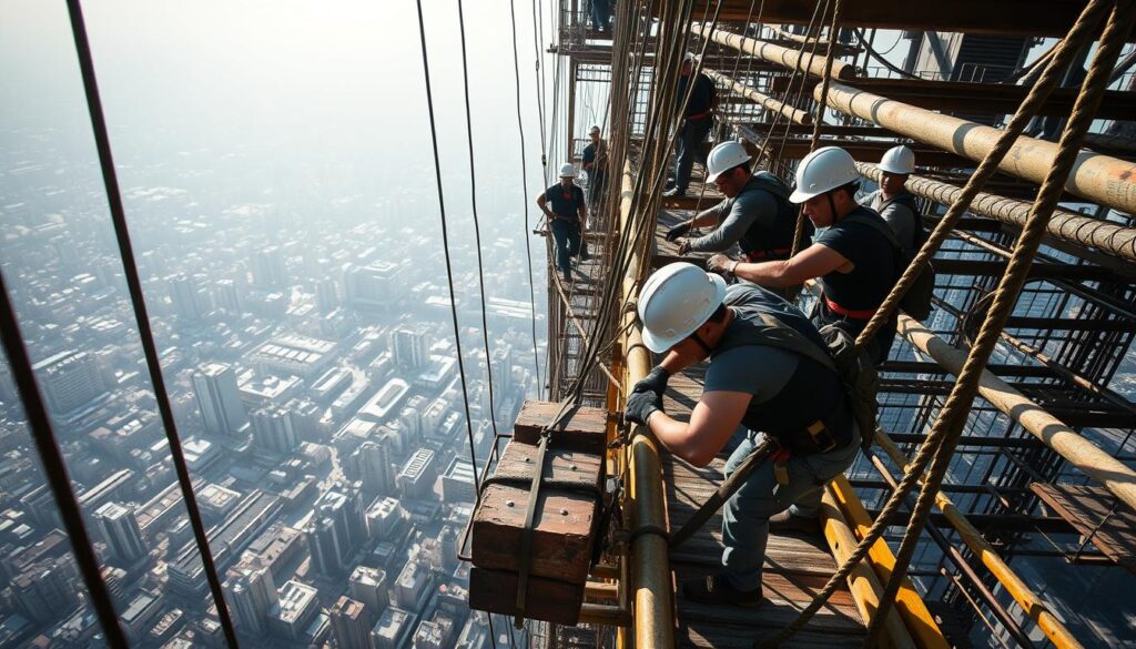 A towering construction site, scaffolding reaching skyward, as a team of hardhat-clad workers skillfully navigate the dizzying heights, tethered by safety lines. Sunlight filters through the steel beams, casting long shadows that accentuate the precarious nature of their work. In the foreground, a worker carefully maneuvers a heavy load, muscles straining against the weight, while others coordinate seamlessly, communicating through hand signals and shouts. The background reveals the bustling city, a testament to the critical role these workers play in shaping the urban landscape. The scene exudes a sense of both danger and determination, capturing the physical and mental demands of the "鳶職," or high-rise construction work.