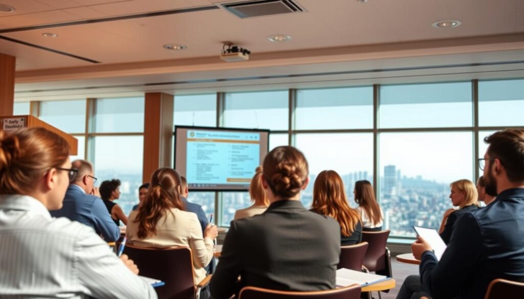 A training session for interpreters in a modern, well-lit conference room. In the foreground, a group of students intently listening to an instructor at the podium, their notebooks and pens at the ready. The middle ground features a large projection screen displaying interpreting techniques, while the background showcases a panoramic city skyline through floor-to-ceiling windows, bathing the room in a warm, natural light. The atmosphere is one of focused learning and professional development, with a sense of the interpreter's role in bridging communication between diverse cultures and languages.