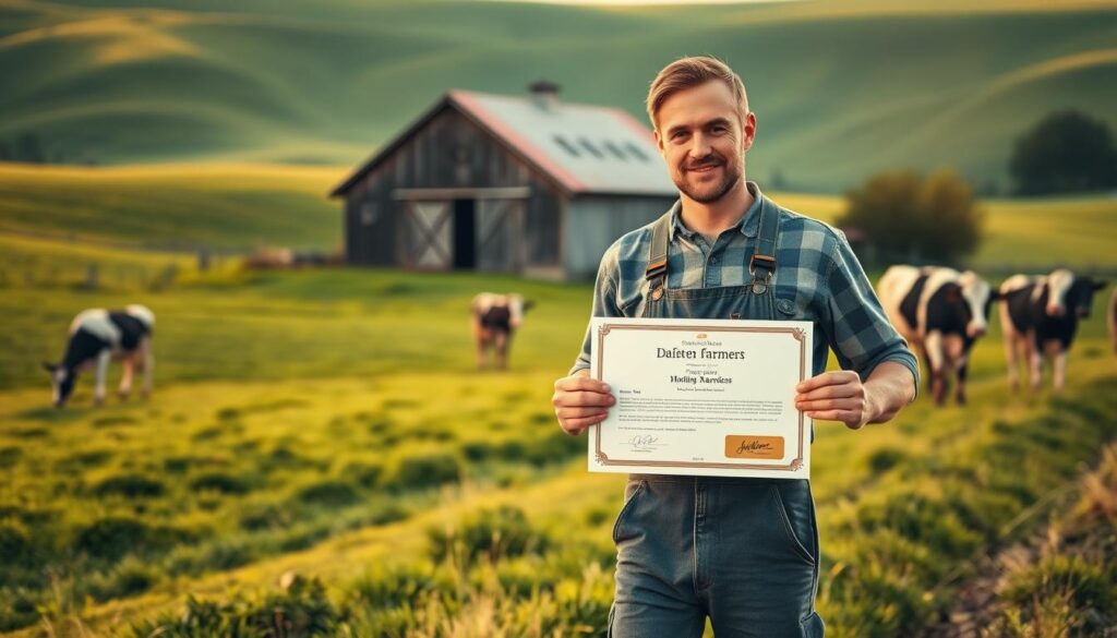 A tranquil dairy farm nestled amidst rolling green hills, the morning sun casting a warm glow over the weathered wooden barn. In the foreground, a dairy farmer in overalls and work boots, holding a certificate proudly displayed in their hands, a symbol of their expertise and dedication to their craft. The farmer's expression is one of quiet pride, reflecting the hard-won knowledge and skills required to operate a successful dairy operation. In the background, Holstein cows graze peacefully, a testament to the farmer's careful management and nurturing of their herd. The scene is captured with a shallow depth of field, drawing the viewer's eye to the central figure and the credential they hold, conveying the importance of the dairy farmer's qualifications and the professional standards they uphold.