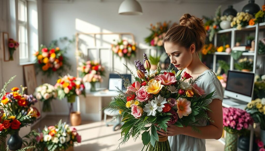 A tranquil floral studio, bathed in soft natural light, showcases the diverse career paths of a talented flower designer. In the foreground, a skilled artisan meticulously arranges vibrant blooms, their hands guiding the creation of a breathtaking bouquet. Behind them, a display of lush, sculptural arrangements hints at the designer's mastery of floral design. In the middle ground, a mood board and sketchpad suggest the creative process, while a computer screen indicates the importance of digital skills in the modern floral industry. In the background, shelves brimming with fresh flowers and foliage allude to the diverse materials a designer must work with. The overall scene conveys the artistry, technical expertise, and multifaceted nature of a flourishing floral design career.