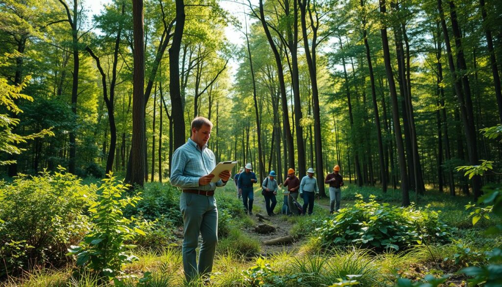 A tranquil forest landscape with a forest management consultant meticulously surveying the area. The consultant stands in the foreground, clipboard in hand, examining the trees and undergrowth with a focused gaze. In the middle ground, a team of forestry workers diligently maintains the trails and manages the ecosystem. The background features a lush, verdant canopy of towering trees, sunlight filtering through the leaves, casting a warm, natural glow across the scene. The overall atmosphere conveys a sense of diligence, environmental stewardship, and the peaceful harmony between humans and nature.