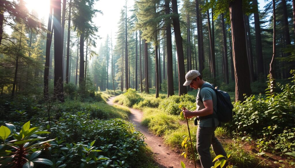 A tranquil forest scene, bathed in soft, diffused sunlight filtering through the lush canopy. In the foreground, a person in hiking attire stands amidst a diverse array of flora, examining a plant specimen closely. The middle ground reveals a well-maintained trail winding through the undergrowth, while the background depicts towering, verdant trees stretching towards the sky. The overall atmosphere conveys a sense of harmony, environmental stewardship, and a deep connection with the natural world - qualities essential for a forest consultant dedicated to sustainable management.