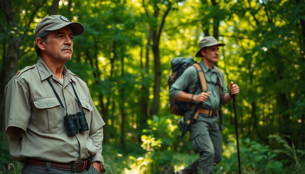 A tranquil forest scene with two distinct figures in the foreground. On the left, a natural protection officer in a khaki uniform, binoculars around their neck, standing vigilantly and observing the surroundings. On the right, an active ranger in rugged outdoor gear, backpack and hiking poles, moving purposefully through the lush greenery. The background depicts a dense, verdant forest canopy, dappled with warm sunlight filtering through the leaves. The contrast between the stationary protector and the mobile ranger emphasizes their differing roles in conserving and managing the natural environment.