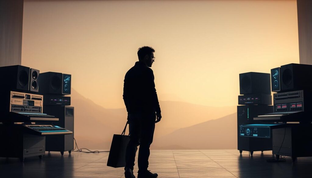 A tranquil, minimalist scene depicting the impact of digitization on the future of music mastering. A solitary engineer, silhouetted against a backdrop of sleek, futuristic audio equipment, contemplates the evolving landscape. Soft, diffused lighting casts a contemplative glow, while holographic displays and touchscreens suggest the seamless integration of analog and digital domains. The composition conveys a sense of transition, where tradition and innovation converge to shape the next chapter of mastering craft.