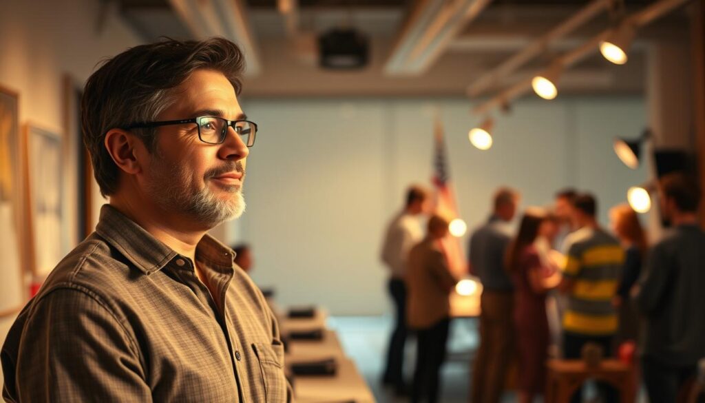 A tranquil office scene, the assistant director stands tall, surveying their domain. Warm lighting illuminates their face, exuding a sense of purpose and pride. In the background, a bustling team collaborates, their energy palpable. The director navigates the delicate dance of coordinating moving parts, their attention to detail evident. A sense of fulfillment radiates as they oversee the realization of the director's vision, their contribution essential to the production's success. The image captures the essence of an assistant director's role - the thrill of bringing a creative project to life, the satisfaction of working alongside talented individuals, and the joy of playing a crucial part in making the impossible possible.