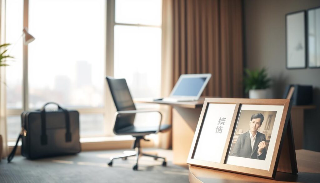A tranquil office setting with a desk, chair, and laptop, reflecting a sense of contemplation and focus. The lighting is soft and warm, creating a soothing ambiance. In the foreground, a briefcase and a framed photograph stand, symbolizing a person's professional history and personal journey. The background features a window overlooking a cityscape, suggesting the broader context of a career change. The overall atmosphere conveys a thoughtful, introspective mood, capturing the essence of "出戻り転職の方法" - the process of returning to the workforce after a previous career.