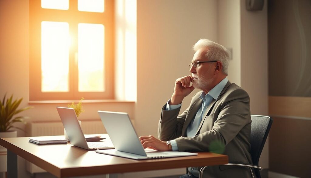 A tranquil office setting with a senior businessman sitting at a desk, contemplating his career path. Warm, natural lighting from a large window illuminates the scene, casting a soft glow on his thoughtful expression. On the desk, a laptop, a few documents, and a potted plant symbolize the successful transition to a new chapter. The background features a minimalist, calming color palette, with subtle patterns or textures on the walls, creating a sense of balance and focus. The overall atmosphere conveys a feeling of accomplishment, contentment, and a newfound sense of purpose in his professional life.