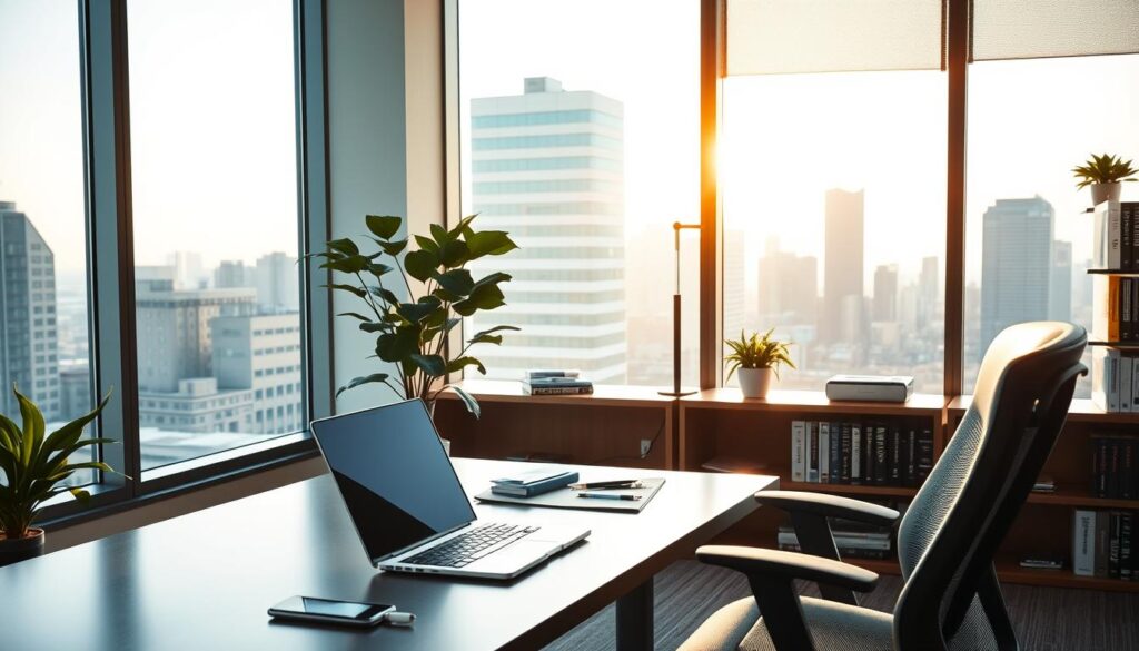 A tranquil office space, flooded with warm, natural lighting from large windows. In the foreground, an ergonomic desk with a sleek laptop, stationery, and a potted plant. The middle ground features a bookshelf filled with volumes on business management, finance, and human resources. The background showcases a skyline of modern high-rises, hinting at the diverse career opportunities available outside the military. The overall scene conveys a sense of professional fulfillment, work-life balance, and the potential for personal growth for former Self-Defense Force members.