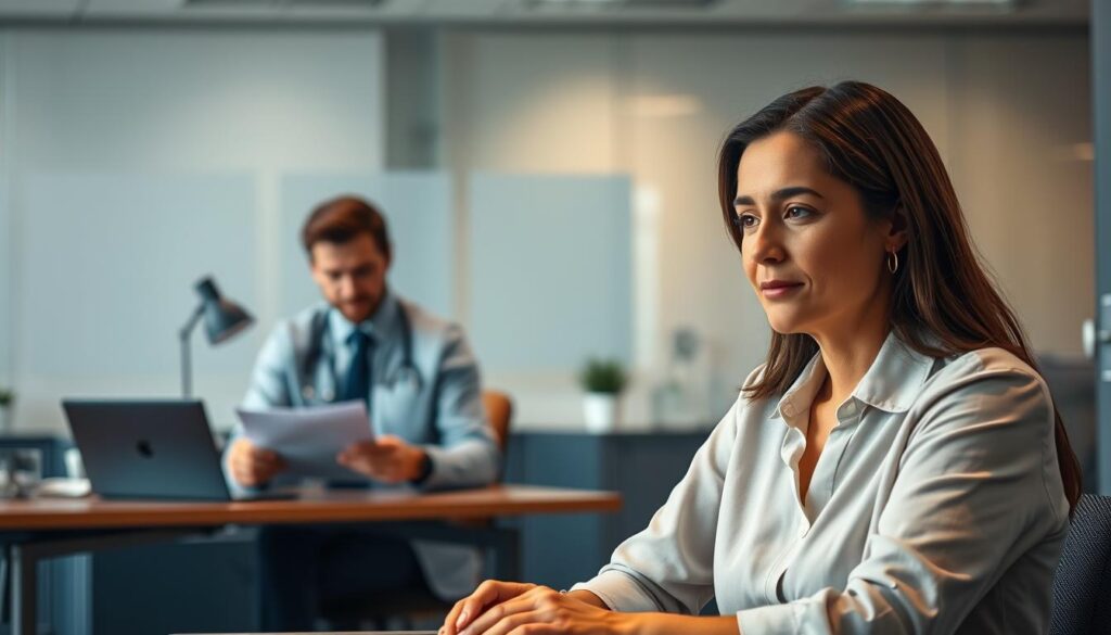 A tranquil, professional scene showcasing the distinct roles of a social worker and a social welfare officer. In the foreground, a social worker sits at a desk, empathetically listening to a client. Warm, gentle lighting illuminates their faces, conveying a sense of understanding and care. In the middle ground, a social welfare officer reviews documents, their expression focused and analytical. The background depicts a modern, well-appointed office space, subtle shades of blue and gray creating a calming, institutional atmosphere. Attention to detail in the furnishings and equipment highlights the specialized expertise of these two complementary professions, serving the diverse needs of the community.