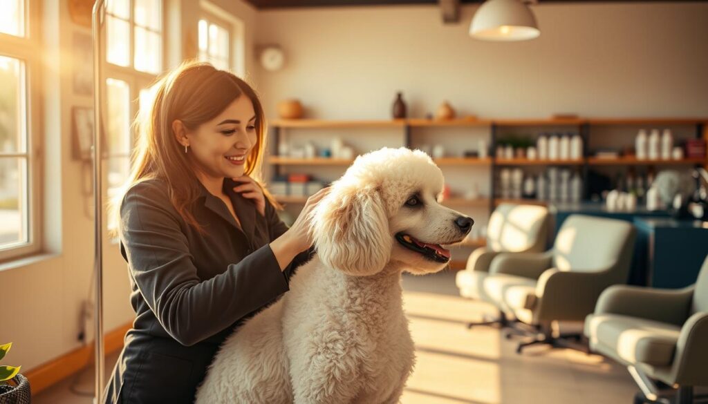 A tranquil scene of a pet grooming salon, bathed in warm, natural lighting streaming through large windows. In the foreground, a groomer tenderly brushes a fluffy poodle, their faces radiating mutual trust and contentment. Behind them, a cozy seating area with plush chairs invites clients to relax while their beloved companions are pampered. Shelves along the walls display an array of high-quality grooming supplies, reflecting the salon's commitment to excellence. The overall atmosphere is one of professionalism, care, and the strong bond between groomers and their furry clientele.