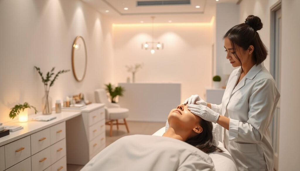 A tranquil, softly lit interior space, with an esthetician diligently attending to a client's skincare routine. The esthetician's workspace is neatly organized, with clean, modern furnishings and soothing pastel tones. Delicate ambient lighting casts a warm, calming glow, creating an atmosphere of relaxation and rejuvenation. In the background, an elegant, minimalist reception area is visible, hinting at the professionalism and attention to detail that defines the esthetician's practice. The client rests comfortably, their face obscured to maintain privacy, as the esthetician performs a series of personalized treatments with precision and care.