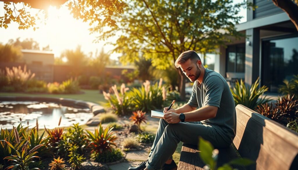 A tranquil, sun-dappled garden with lush, vibrant greenery and a serene pond reflecting the sky. In the foreground, a designer sits on a wooden bench, sketching intently with a focused expression, captivated by the harmony of nature and the endless possibilities for environmental enhancements. The middle ground features a mix of native flora, carefully curated to create a sense of balance and visual interest. In the background, modern architectural elements seamlessly blend with the natural landscape, showcasing the designer's ability to integrate built and living environments. Soft, warm lighting casts a gentle glow, evoking a feeling of contentment and fulfillment in the act of environmental design.